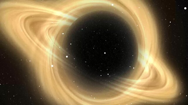 Black hole with bright golden accretion disk and stars. Astronomical black hole with bright golden accretion disk for outer space travel. Galactic black hole on dark.