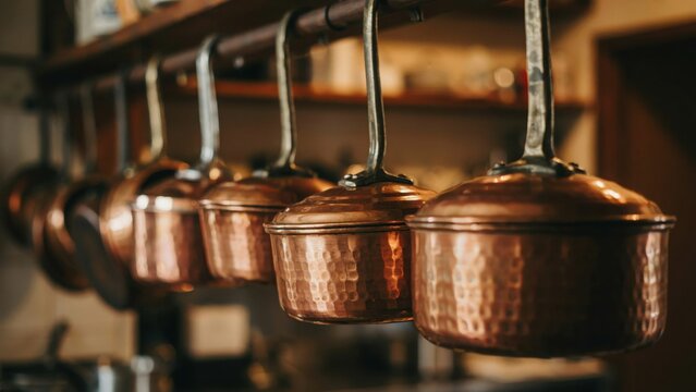Collection of vintage copper pots and pans hanging on a kitchen rack
