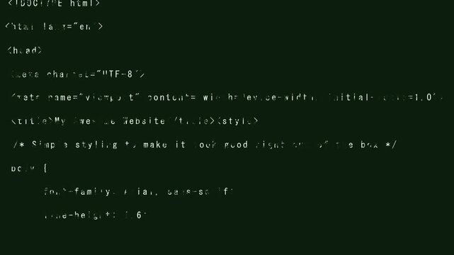 HTML code for a basic web page with green text on dark. Technical HTML code for a basic web page for cybersecurity programming lessons. Tech HTML code for a basic web page.