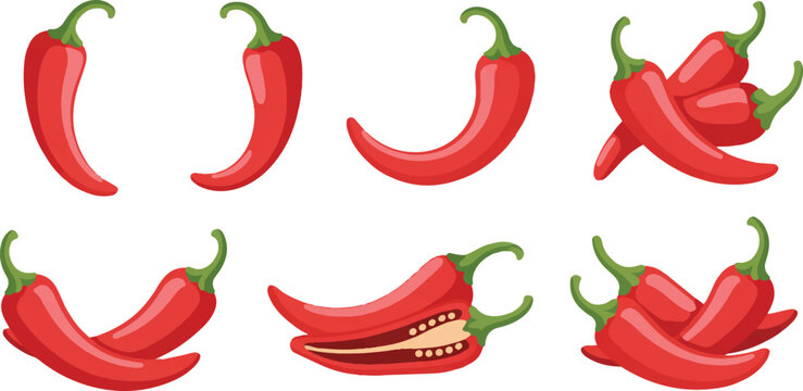 Fresh red chili peppers set including whole halves and clusters isolated on transparent background for spicy food ingredient.
