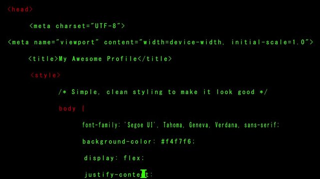 HTML code for a web page with colored text on black field. Technical HTML code for a web page for data infrastructure management labs. Tech HTML code for a web page.