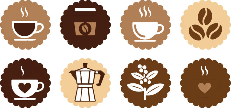 Set of eight circular brown coffee theme emblems featuring espresso cups beans pots and leaves in vintage hand drawn art style.