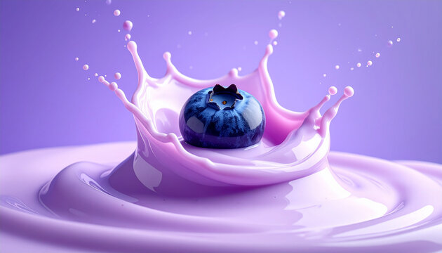 Abstrakte Studio-Makroaufnahme einer reifen Blaubeere, die in cremigen violetten Heidelbeerjoghurt eintaucht, flie&szlig;ende Welle, monochrome lila Farbpalette, einfarbiger violetter Hintergrund
