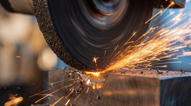 Metal grinding with sparks flying from industrial cutting tool grinding industrial industry construction manufacturing workshop professional machinery particle