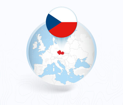 Czech Republic Map with Round Czech Republic Flag Pin Pointer on Circular Globe.