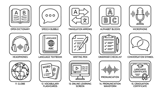 Language learning icons, education symbols, communication graphics, 16 flat design elements
