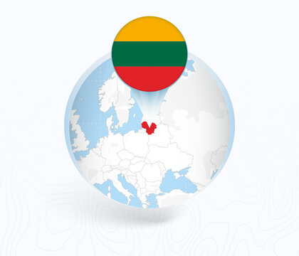 Lithuania Map with Round Lithuania Flag Pin Pointer on Circular Globe.
