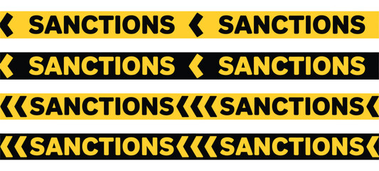 Fototapeta premium Sanctions Warning Tape Vector Set. Vector Illustration of Yellow and Black Economic Ban Ribbon, Political Embargo Strip, Financial Penalty Line, and Chevron Caution Border on White Background.