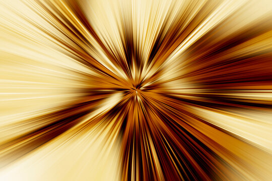 Abstract radial zoom blur in gold, brown and cream tones, creating dynamic glowing light streaks radiating from the center with strong motion and depth.