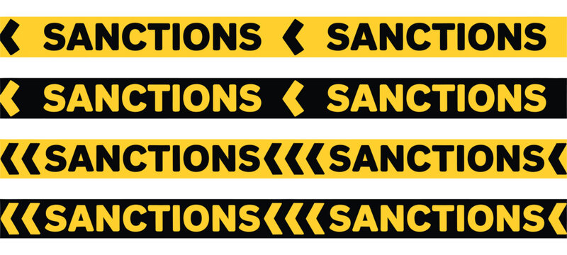 Sanctions Warning Tape Vector Set. Vector Illustration of Yellow and Black Economic Ban Ribbon, Political Embargo Strip, Financial Penalty Line, and Chevron Caution Border on White Background.