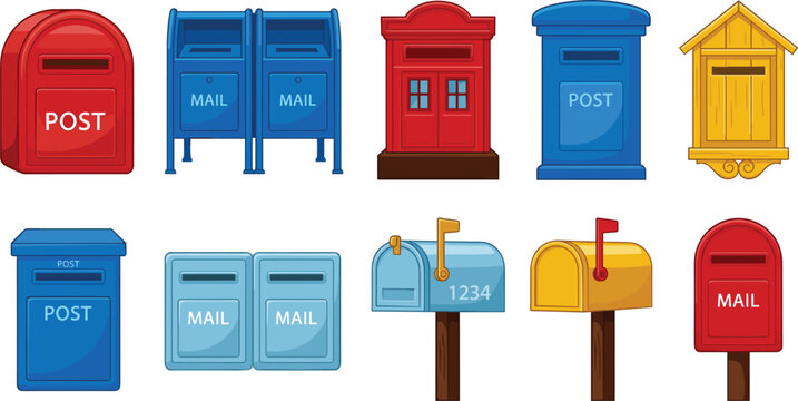 Vintage and modern mailbox vector illustration collection featuring public street post boxes residential mailboxes with flags and colorful post box graphic design elements