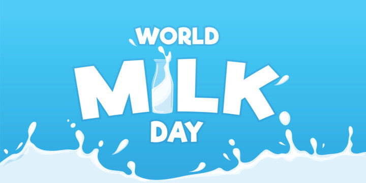 Milk day concept. National world milk day, dairy product logo poster design cream splashes milky drink drop cow farm food international banner cartoon ingenious vector illustration
