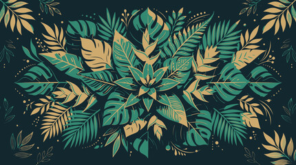 Fototapeta premium Tropical Foliage Pattern with Teal and Gold Botanical Design