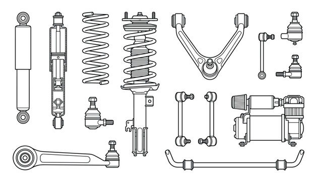 Set of various car suspension parts and components in vector format on transparent background ideal for automotive illustration.