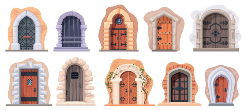 Medieval doors. Ancient castle gate, dungeon wooden iron door old temple gothic church arch entrance fairy palace doorgate ivy stone cell jail brick wall neat vector illustration