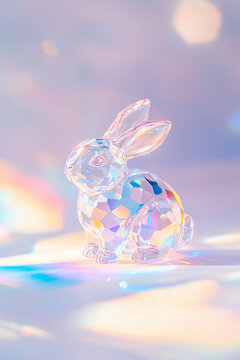 Iridescent faceted crystal rabbit figurine. Geometric transparent glass bunny with prismatic rainbow reflections