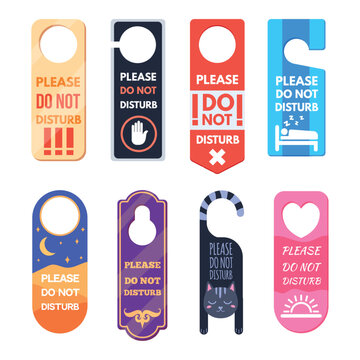 Door hangers. Do not disturb sign tag for hotel door, quiet occupied room paper hook mockup knob motel service label design travel warning tags cartoon set neat vector illustration