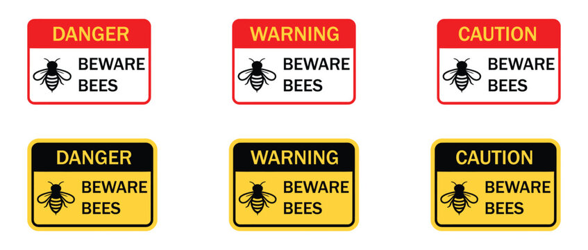 Honeybee insect hazard danger warning plate kit. Vector illustration of beware bees caution icon, agricultural farm safety regulation symbol, and outdoor wildlife alert banner on white background.