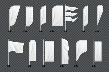 Plakat White beach flags. Realistic flag pole, advertising vertical blank banner mockup event promo teardrop stand outdoor flagpole waving cloth 3d isolated set exact vector illustration