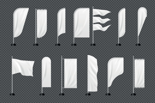 White beach flags. Realistic flag pole, advertising vertical blank banner mockup event promo teardrop stand outdoor flagpole waving cloth 3d isolated set exact vector illustration