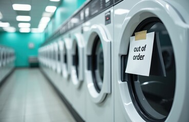 Obraz premium Line of white washers in laundromat has out of order sign on front. Machines are clean and modern. Empty facility awaits clients, but one unit is unusable.