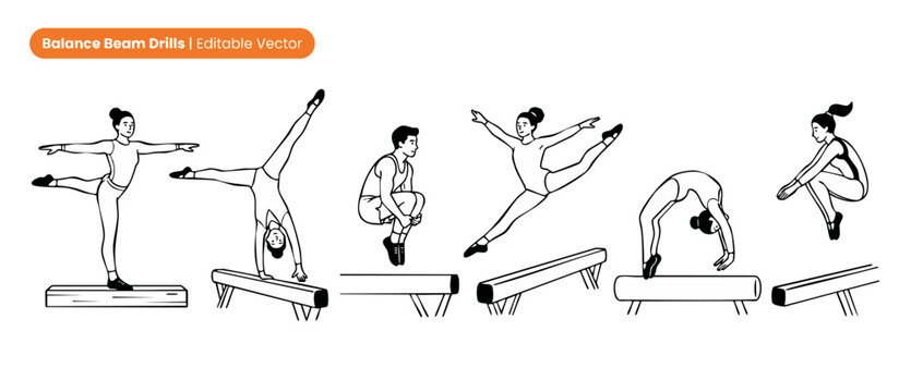 Gymnastics balance beam vector illustration showing athletes training, performing acrobatic drills, leaps, handstands, and stunts. Minimalist black and white line art clipart icons set for gymnastics.