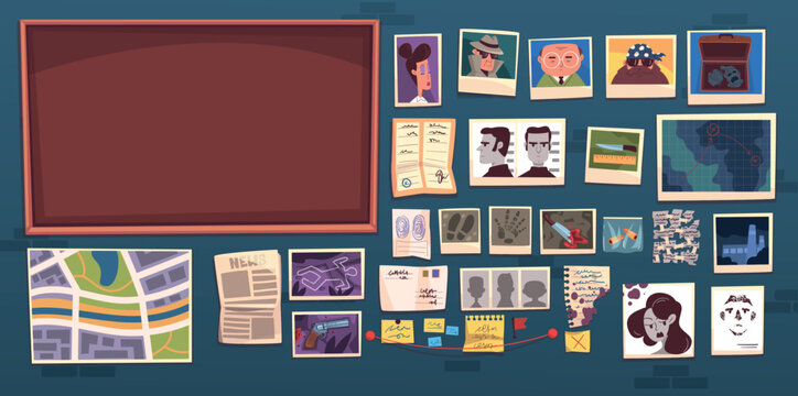 Detective board evidences. Investigator empty corkboard with clue elements, crime investigation game thread pin suspect gang search criminal case cartoon classy vector illustration