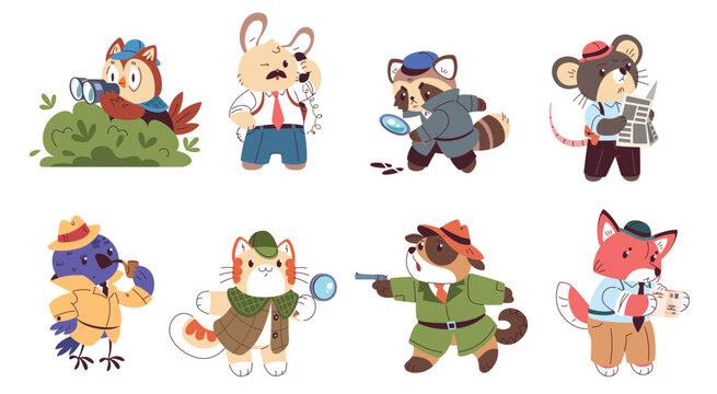 Animal detectives. Cute animal private detective, funny pet investigator funny sherlock hat cat dog fox owl look crime evidence, cartoon characters set classy vector illustration