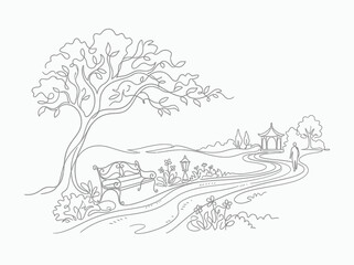 Fototapeta premium Serene park path, bench, gazebo, tree, and walking person in artistic line drawing