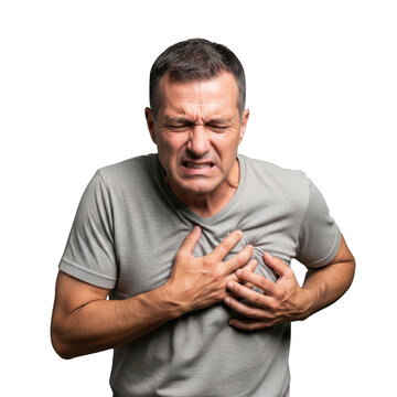 Middle aged man feeling strong chest pain having a sudden heart attack
