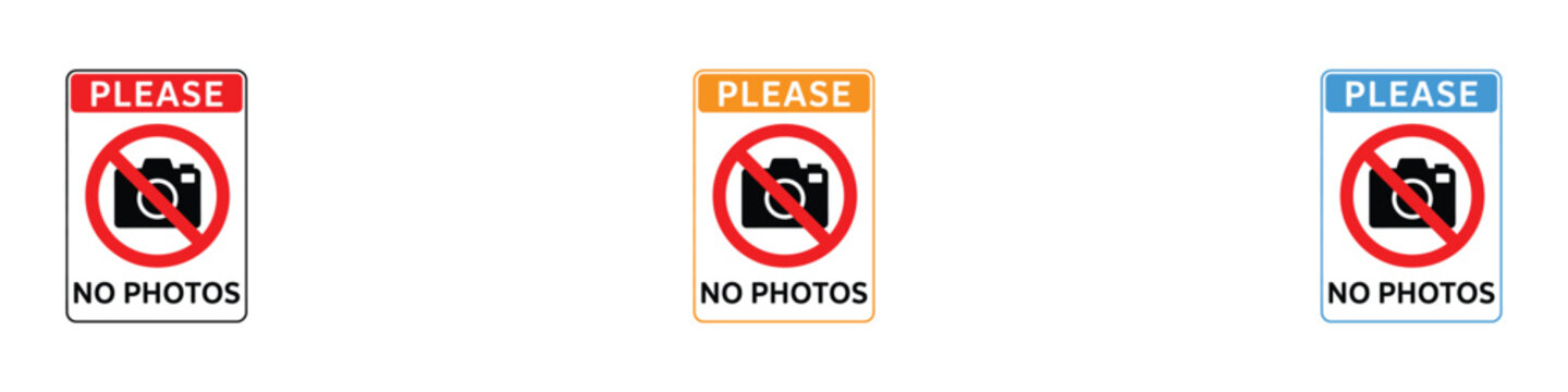 Strict security no photos notice plate set. Vector illustration of camera photography prohibition icon, museum privacy safety regulation symbol, and shooting ban banner on white background.