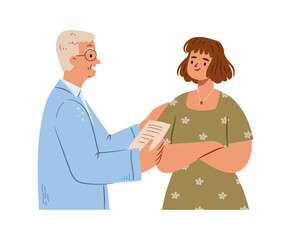 Fototapeta premium Experienced doctor writing prescription for patient. Vector consultation and advices for health and general wellbeing. Therapists taking care about outpatient. Treating and making diagnoses