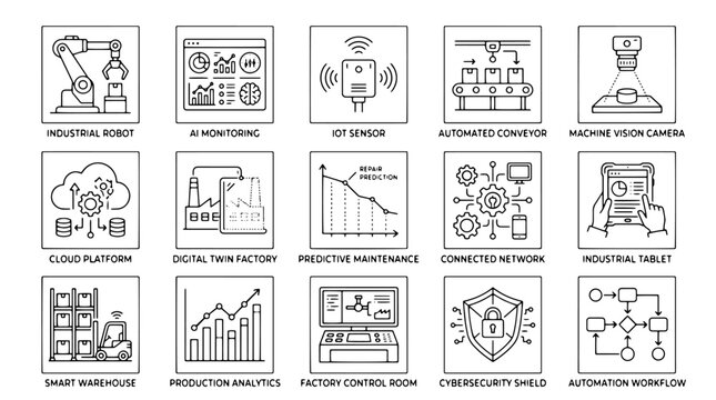 Industrial icons, business infographics, manufacturing symbols, automation graphics, 16 industrial design elements