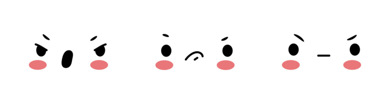 Small kawaii faces showing negative emotions. Vector isolated characters screaming and disappointed. Expressive icons for apps, charts and planners, stickers and digital journaling products