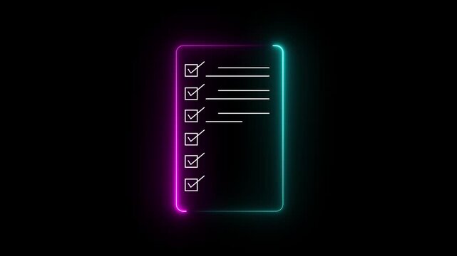 Neon Checklist Document Icon for Task Management and Workflow Completion Motion graphic of concept animation 4k video