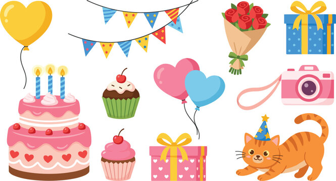  Cute birthday celebration vector icon set featuring pink birthday cake heart balloons party bunting cupcakes gift boxes rose bouquet camera and cartoon party cat