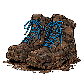 Pair of muddy brown work boots with bright blue laces standing in a puddle of mud illustration