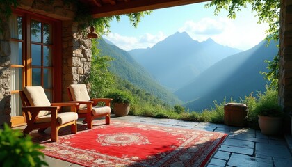 Obraz premium Patio with chairs and rug overlooks vast mountain valley. Stone house walls frame rich green slopes under bright sunlit sky. Peaceful outdoor seating offers tranquil retreat.