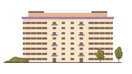 Apartment block exterior with greenery. Vector isolated modern facade of skyscrapers design with trees, architecture and homes for citizens. Modern residential building with different entrances © Sensvector