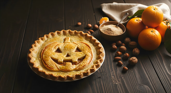 Halloween pumpkin pie with oranges and hazelnuts on a dark wooden table