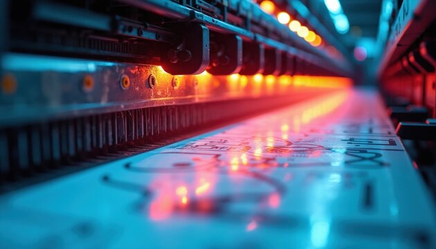 Offset printing machine with dynamic lights creates products on assembly line. Industrial automation process with vibrant colors. Modern tech equipment in factory setting.