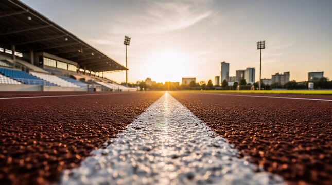 Empty stadium running track with lane white lines and city skyline background at sunset athletic competition performance exercise training starting facility