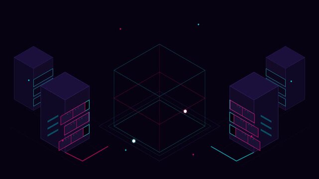 Isometric 3D server racks processing data in dark virtual network environment.
