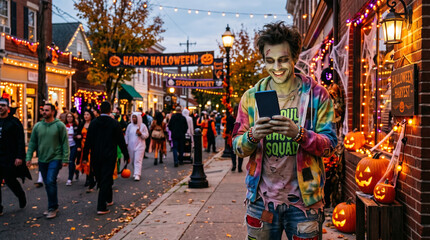 Naklejka premium Man in zombie costume uses phone on decorated Halloween street with people in costumes