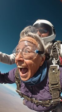 Exhilarating tandem skydiving adventure with joyful expressions in midair descent