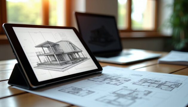 Tablet shows house blueprint and floor plans on office desk. Laptop and papers nearby. Architect works on building design project with digital tools.