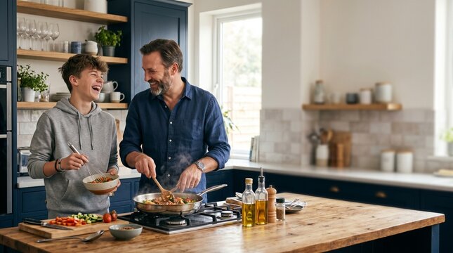 Father and son laughing while cooking together in a modern kitchen preparing a healthy meal