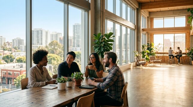 Diverse group of professionals collaborating and smiling around a wooden table in a modern office with city views