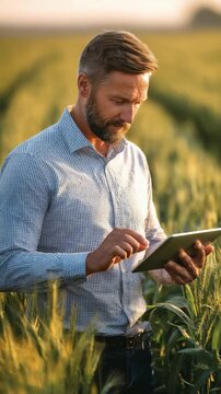 Bearded man in checkered shirt stands in vibrant wheat field, analyzing data on tablet device. Innovative agritech tools empower farmers to optimize yields, embrace sustainable agricultural practices