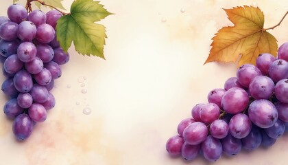 Fototapeta premium Watercolor art illustration featuring fresh purple grapes and leaves on a neutral marbled backdrop. Water drops add a delicate wet look to the fruit, suitable for food or wine themes.